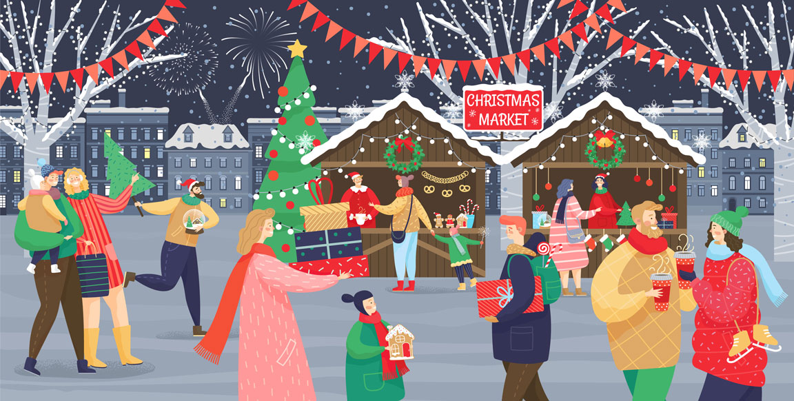 digital illustration of a Christmas market